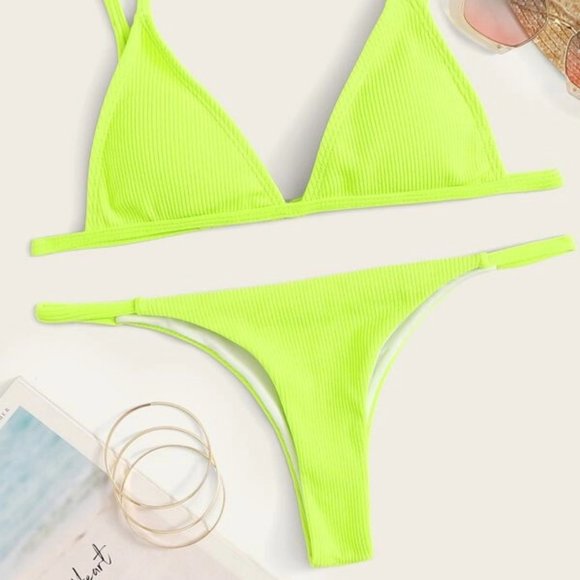 Neon Lime Ribbed Triangle Bikini Swimsuit-NWT - Picture 2 of 6